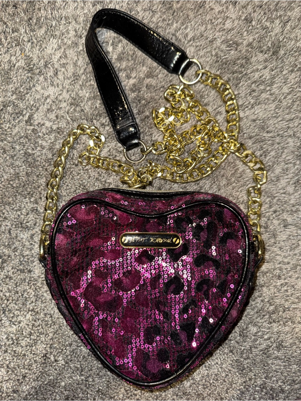 Betsey Johnson Purple Sequin Leopard Heart Crossbody with Gold Chain